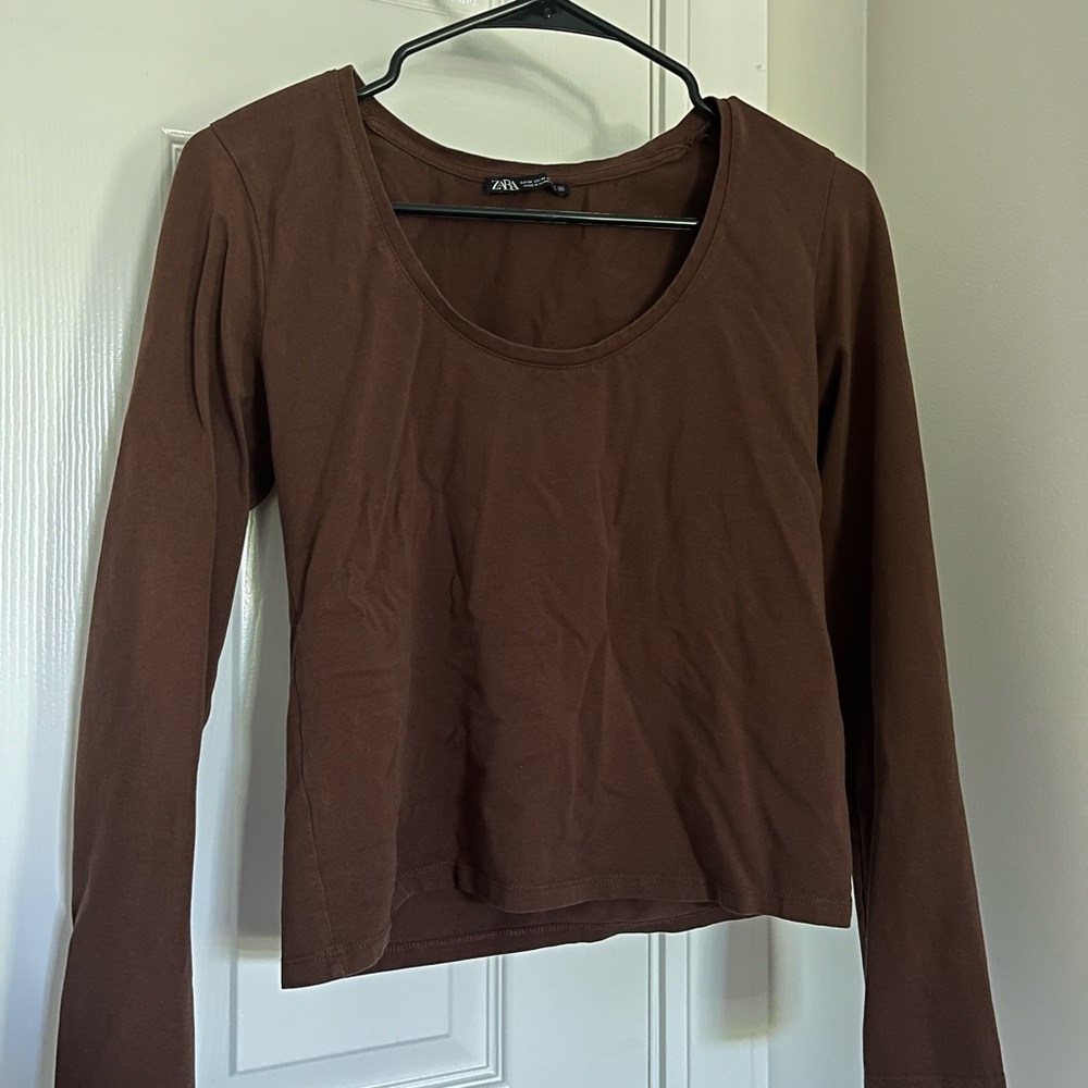 Zara Brown Long Sleeve Crop Blouse